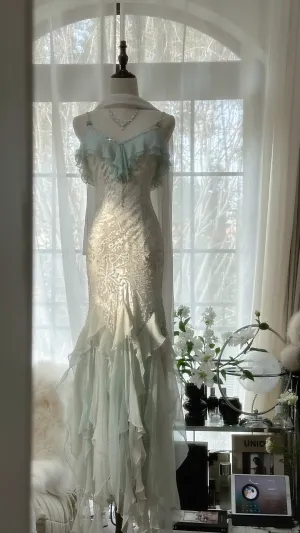 Gorgeous Straps Beading Ruffles Mermaid Long Prom Dress Vintage Party Dress, D725