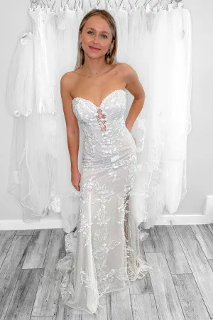 Gorgeous Tulle Mermaid Strapless Lace Wedding Dresses With Court Train, MW1072