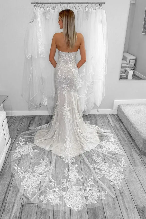 Gorgeous Tulle Mermaid Strapless Lace Wedding Dresses With Court Train, MW1072