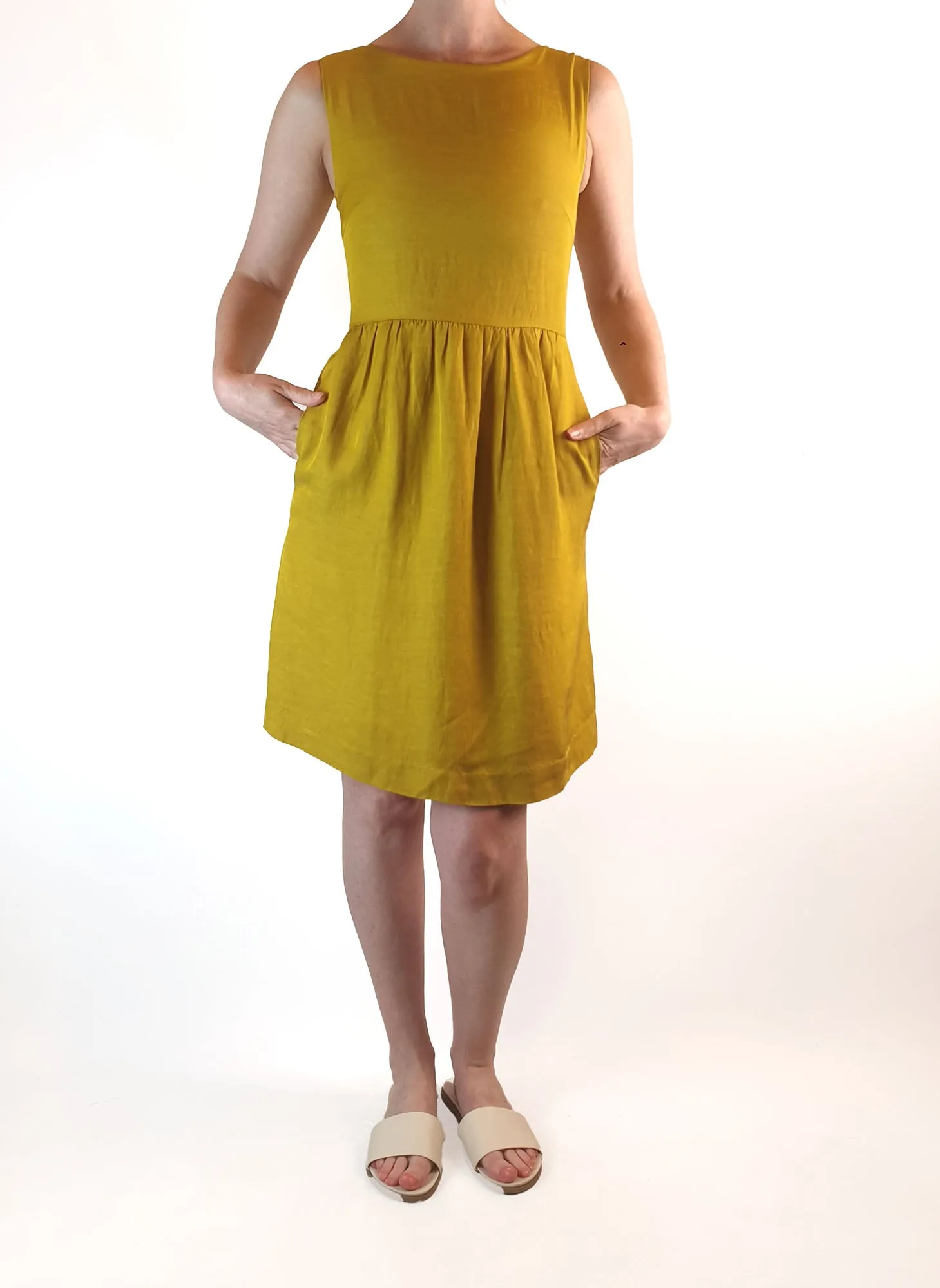 Gorman mustard linen mix sleeveless dress with pockets size 10 (tiny fit, best fits size 6)