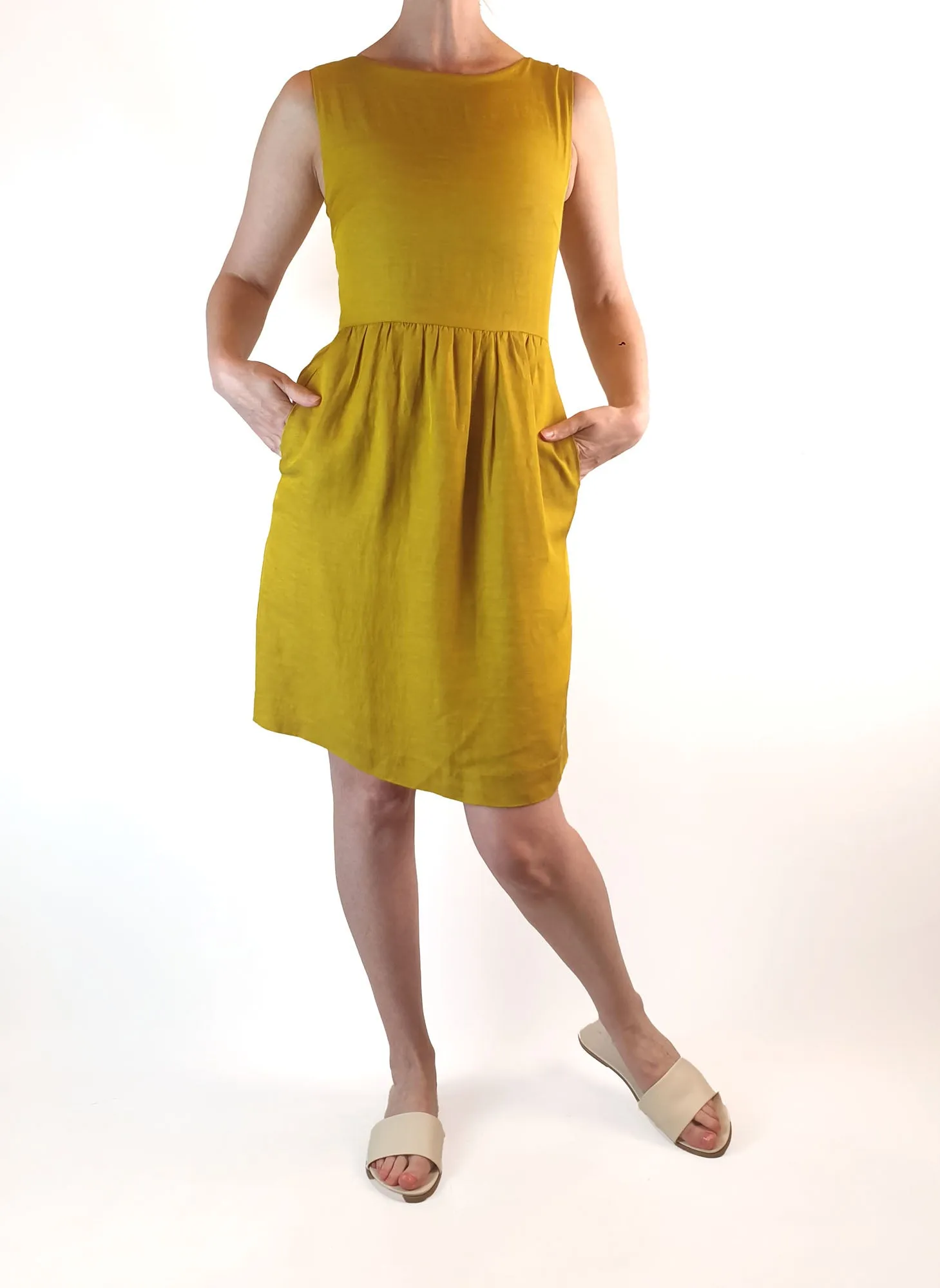 Gorman mustard linen mix sleeveless dress with pockets size 10 (tiny fit, best fits size 6)