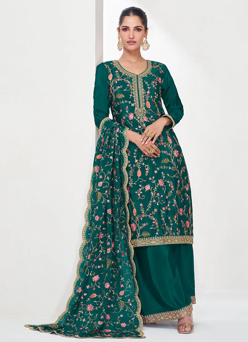 Green Floral Embroidery Festival Palazzo Suit