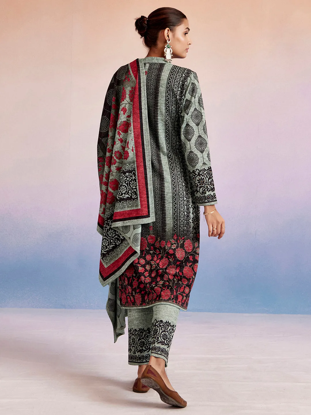 Green Woolen Ethnic Printed Kurta Set With Dupatta