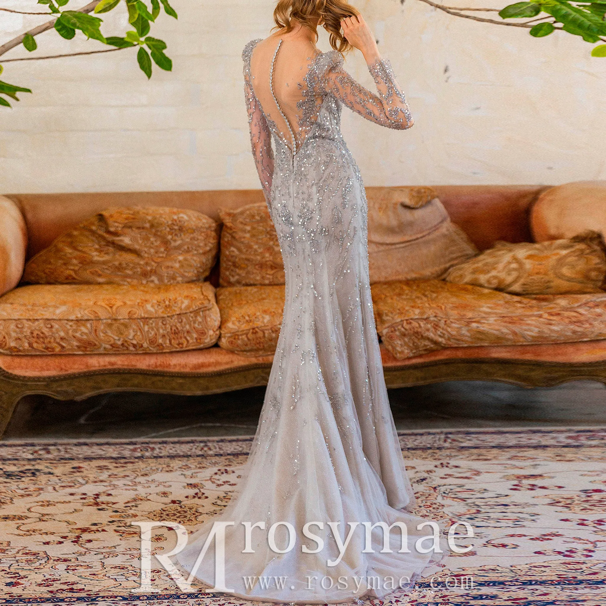 Grey Long Sleeve Sparkle Evening Dresses Party Gowns