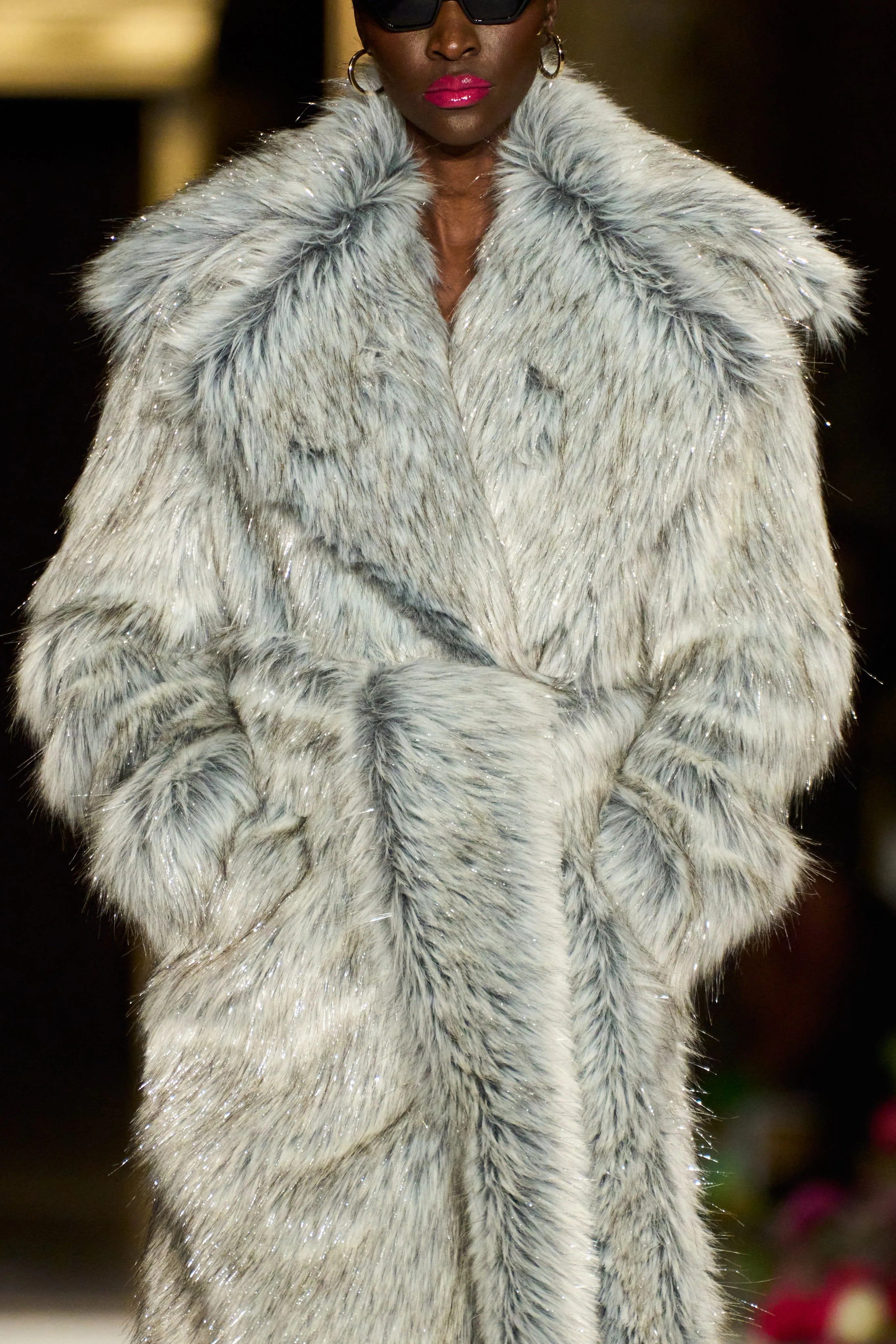 Grey Silver Metallic Faux Fur Coat