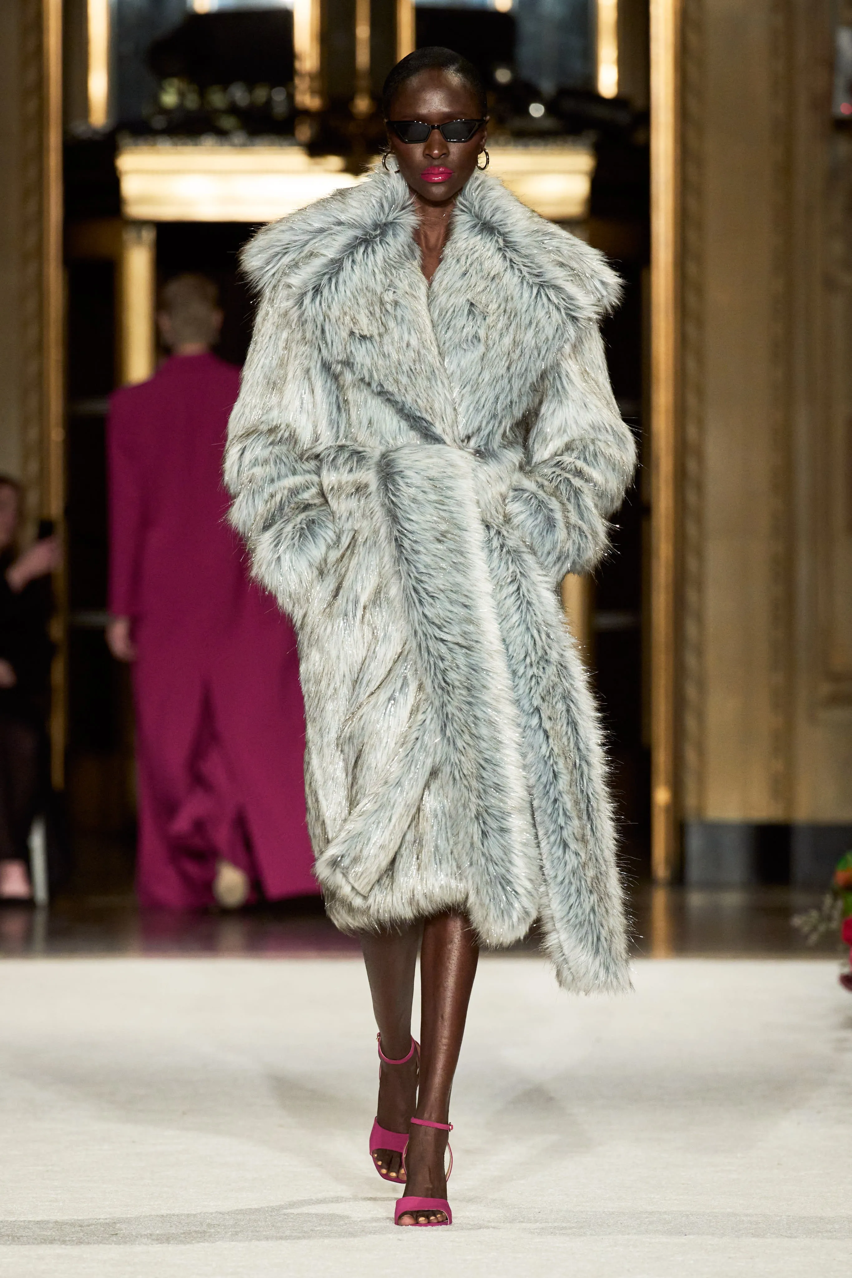Grey Silver Metallic Faux Fur Coat
