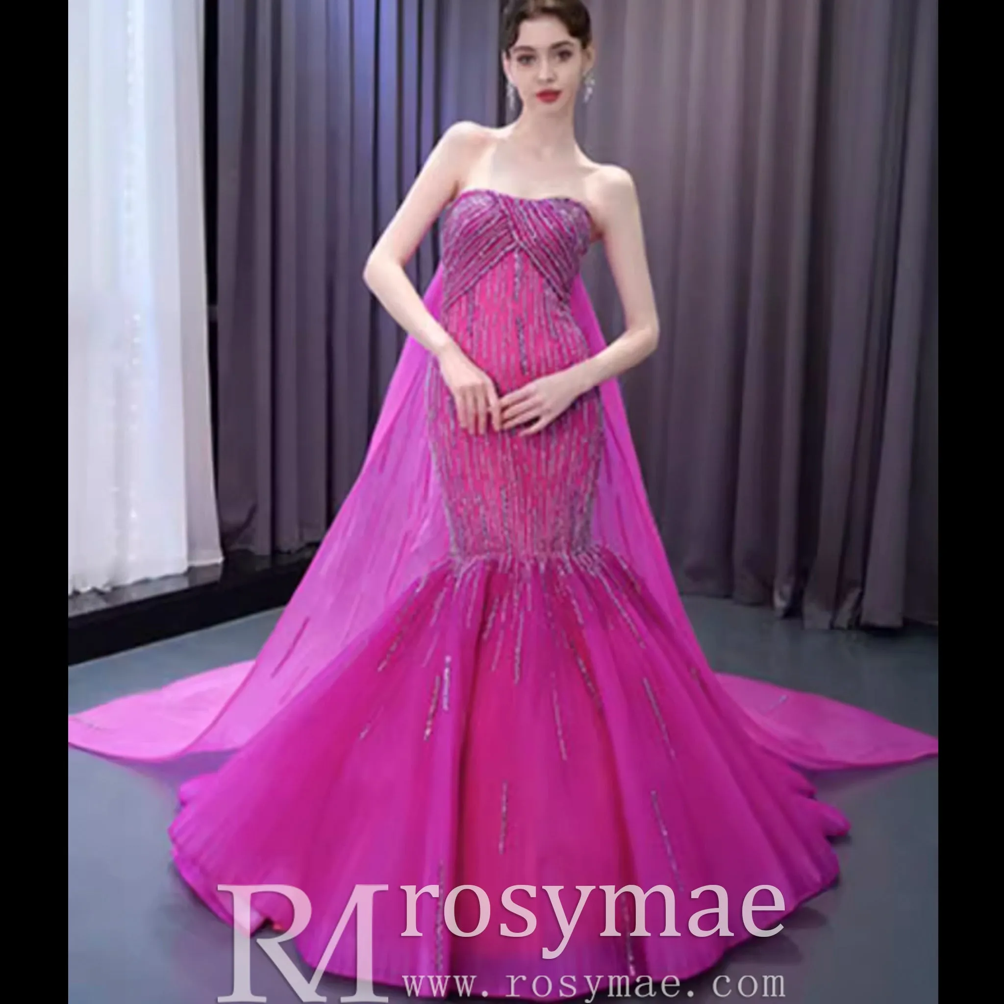 High-end Fuchsia Handmade Beading Prom Dress Evening Gown