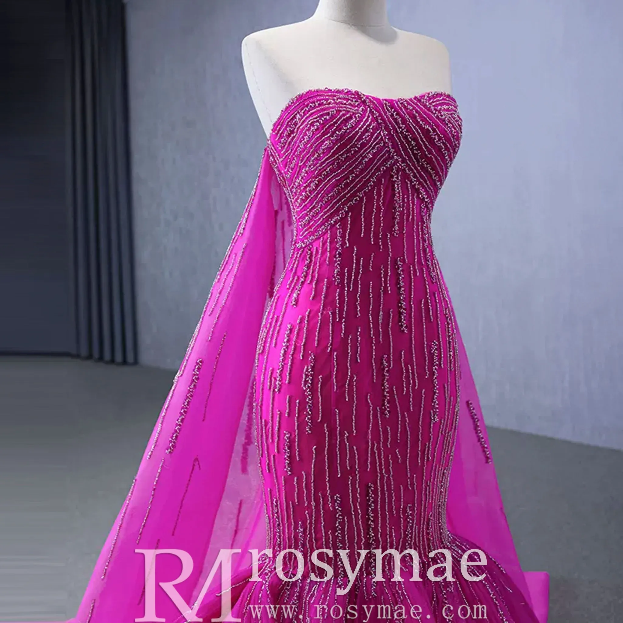 High-end Fuchsia Handmade Beading Prom Dress Evening Gown