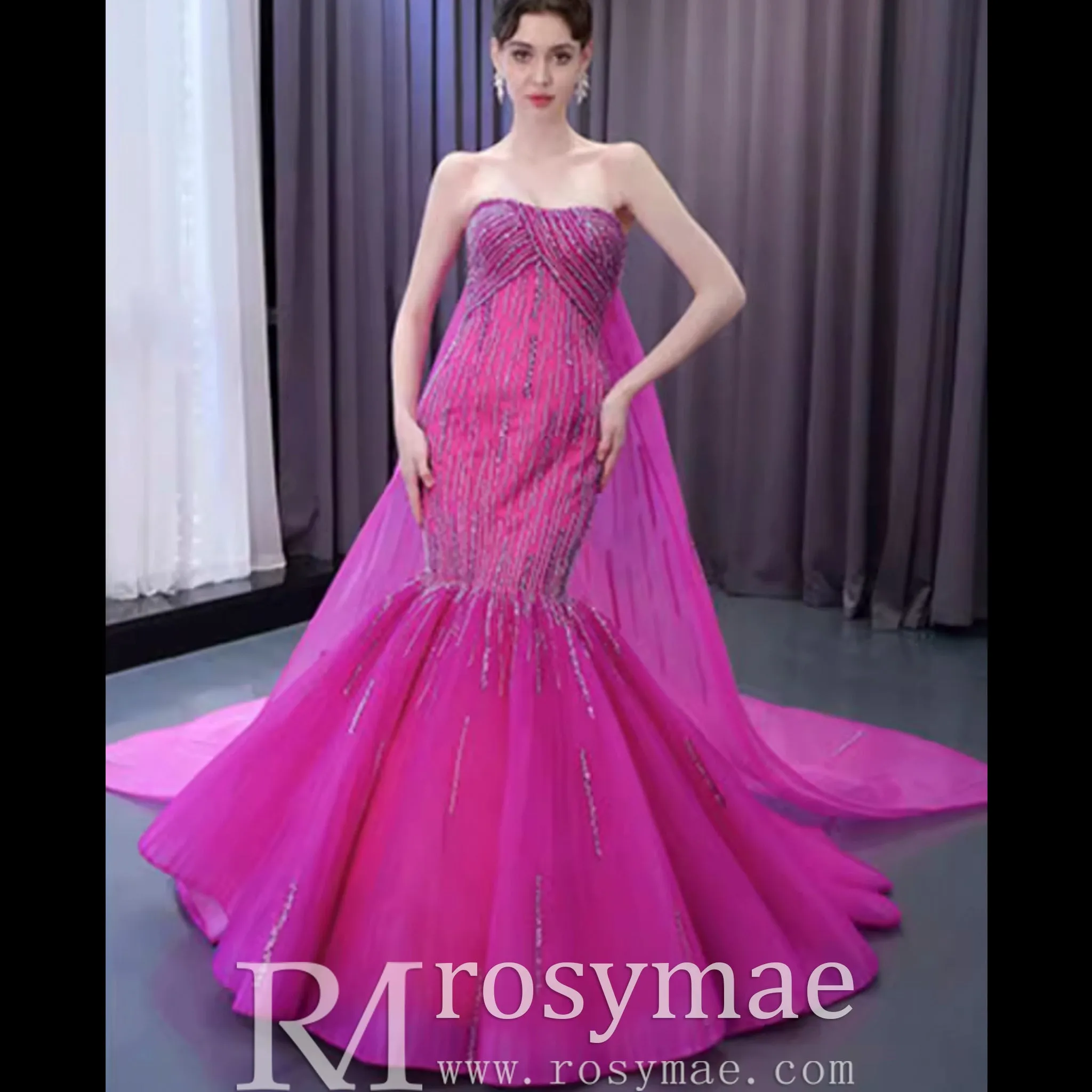 High-end Fuchsia Handmade Beading Prom Dress Evening Gown