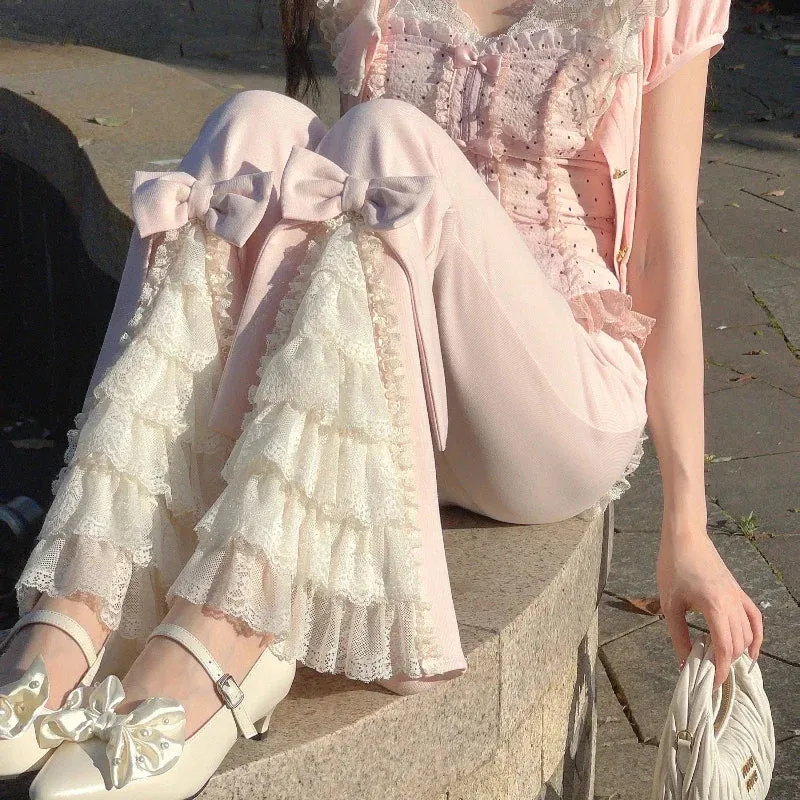 JazzHer 2024 Pink Sweet Lolita Style Pants Women Vintage Kawaii Bow Lace Ruffles Flared Pants Female Korea Elegant Casual Fairy Trousers