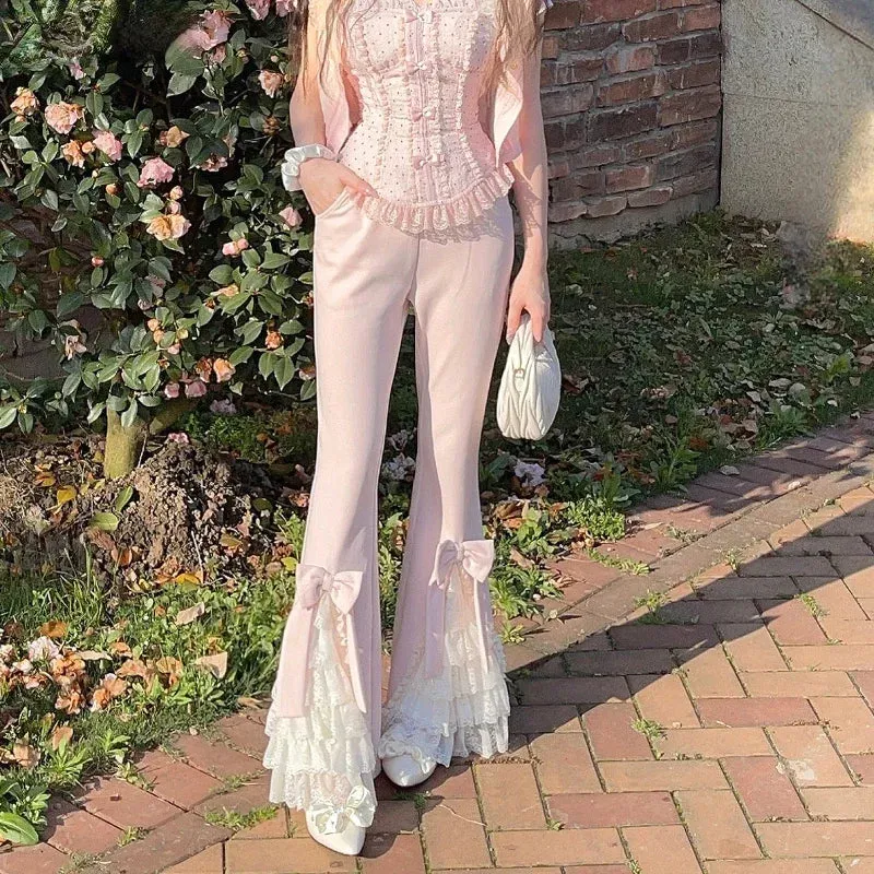 JazzHer 2024 Pink Sweet Lolita Style Pants Women Vintage Kawaii Bow Lace Ruffles Flared Pants Female Korea Elegant Casual Fairy Trousers
