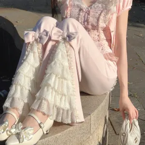 JazzHer 2024 Pink Sweet Lolita Style Pants Women Vintage Kawaii Bow Lace Ruffles Flared Pants Female Korea Elegant Casual Fairy Trousers