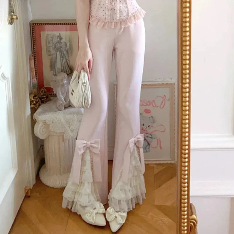 JazzHer 2024 Pink Sweet Lolita Style Pants Women Vintage Kawaii Bow Lace Ruffles Flared Pants Female Korea Elegant Casual Fairy Trousers