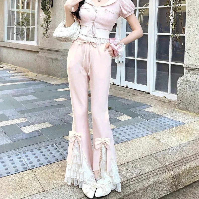 JazzHer 2024 Pink Sweet Lolita Style Pants Women Vintage Kawaii Bow Lace Ruffles Flared Pants Female Korea Elegant Casual Fairy Trousers