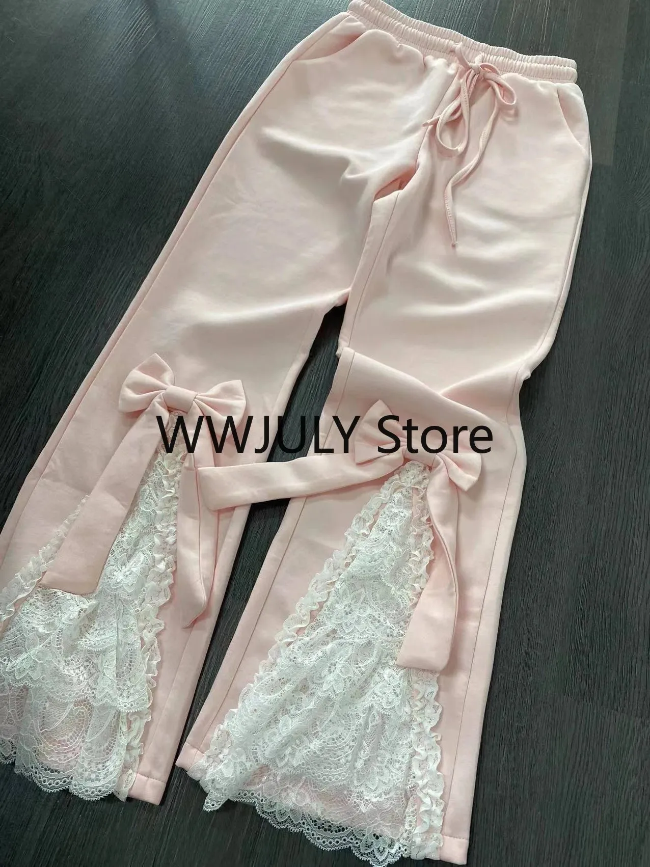 JazzHer 2024 Pink Sweet Lolita Style Pants Women Vintage Kawaii Bow Lace Ruffles Flared Pants Female Korea Elegant Casual Fairy Trousers