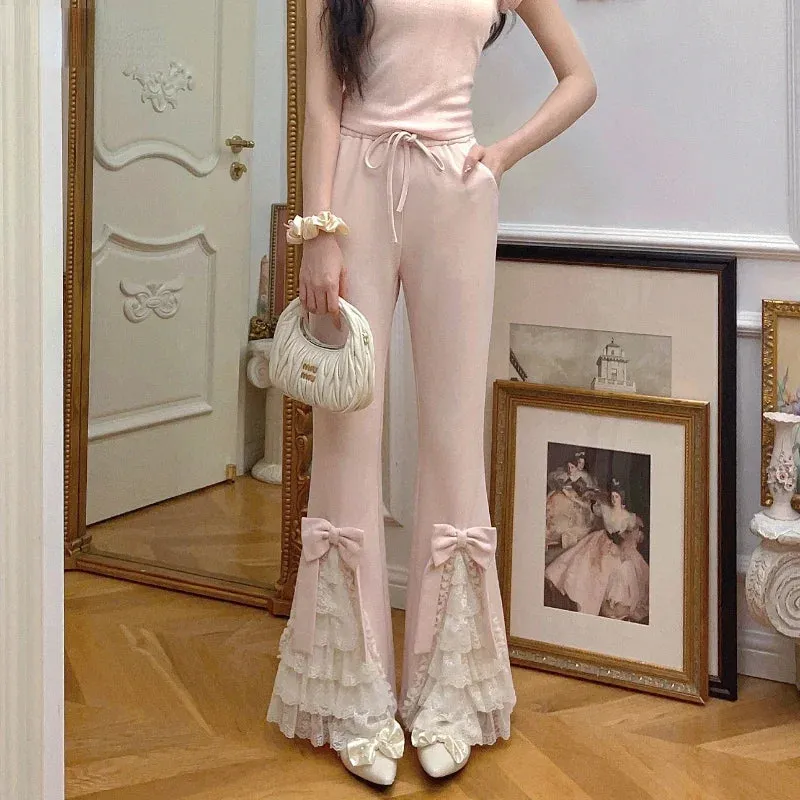 JazzHer 2024 Pink Sweet Lolita Style Pants Women Vintage Kawaii Bow Lace Ruffles Flared Pants Female Korea Elegant Casual Fairy Trousers