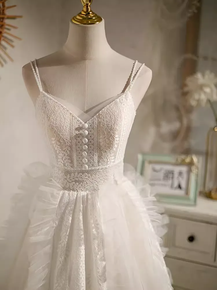 JazzHer Cute Ball Gown Straps White Birthday Outfits Tulle Lace Homecoming Dresses (PRE-ORDER)