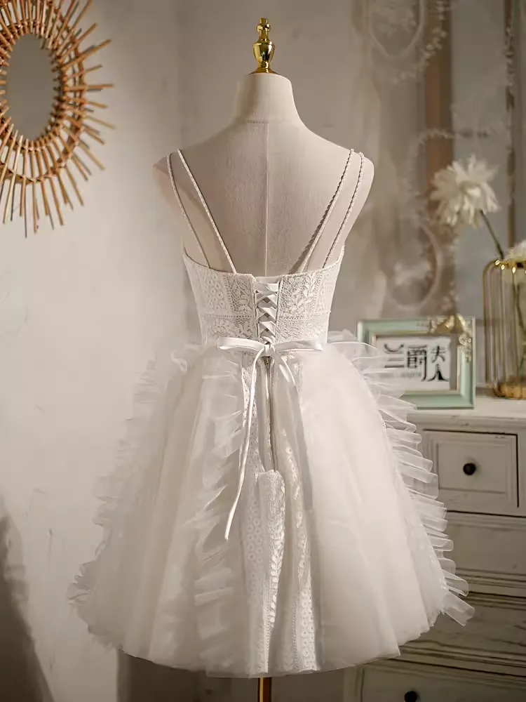 JazzHer Cute Ball Gown Straps White Birthday Outfits Tulle Lace Homecoming Dresses (PRE-ORDER)