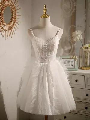 JazzHer Cute Ball Gown Straps White Birthday Outfits Tulle Lace Homecoming Dresses (PRE-ORDER)