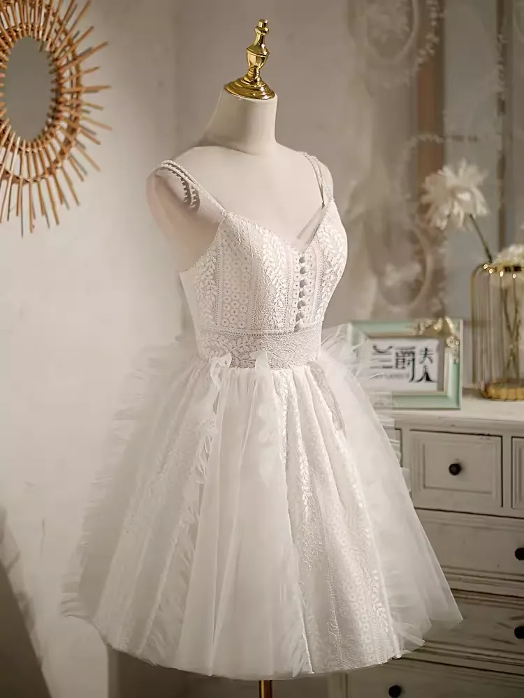 JazzHer Cute Ball Gown Straps White Birthday Outfits Tulle Lace Homecoming Dresses (PRE-ORDER)