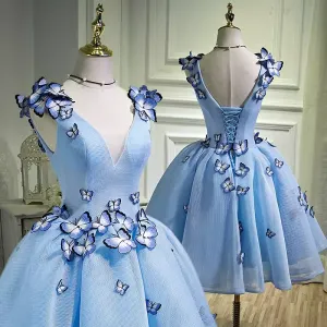 JazzHer Elegant Ball Gown Blue Birthday Outfits Tulle Homecoming Dresses With Butterfly (PRE-ORDER)
