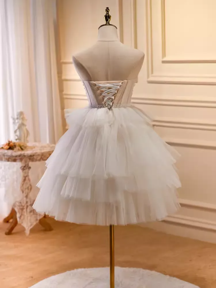 JazzHer Elegant Ball Gown Strapless Tulle Party Dress White Homecoming Dresses (PRE-ORDER)