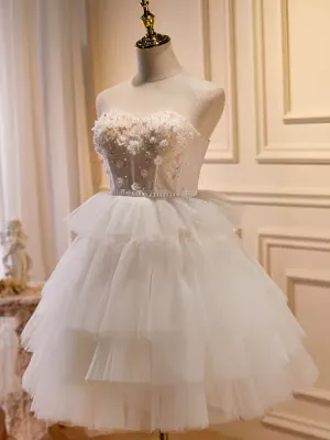 JazzHer Elegant Ball Gown Strapless Tulle Party Dress White Homecoming Dresses (PRE-ORDER)