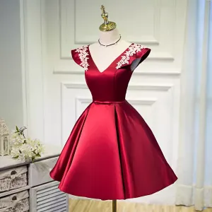 JazzHer Elegant Ball Gown V Neckline Satin Party Dress Burgundy Homecoming Dresses (PRE-ORDER)