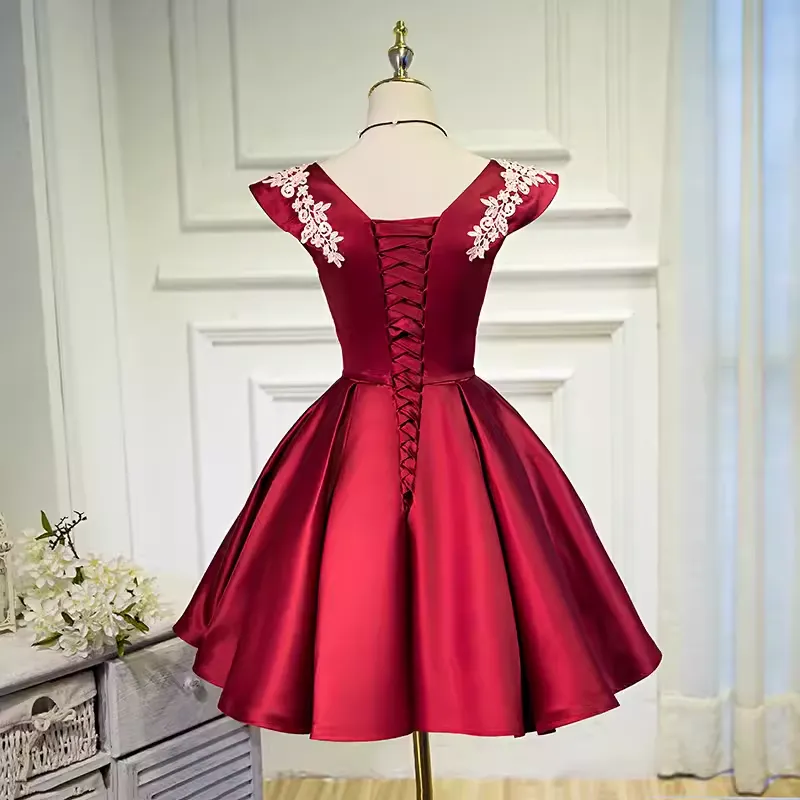 JazzHer Elegant Ball Gown V Neckline Satin Party Dress Burgundy Homecoming Dresses (PRE-ORDER)