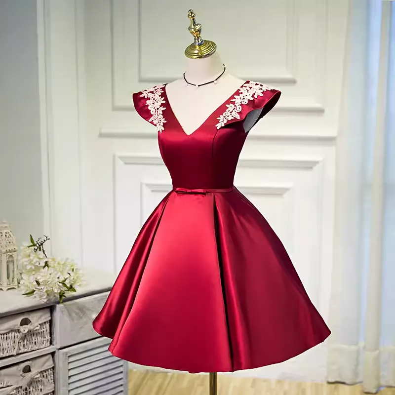 JazzHer Elegant Ball Gown V Neckline Satin Party Dress Burgundy Homecoming Dresses (PRE-ORDER)