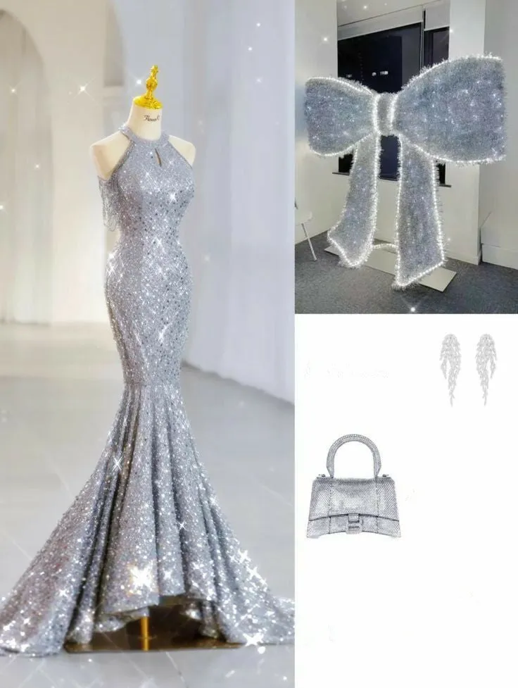 JazzHer Elegant Mermaid High Neckline Silver Sequin Evening Dress Long Prom Dresses (PRE-ORDER)