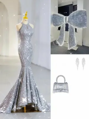JazzHer Elegant Mermaid High Neckline Silver Sequin Evening Dress Long Prom Dresses (PRE-ORDER)