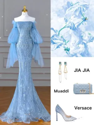 JazzHer Elegant Mermaid Off The Shoulder Blue Prom Dresses With Ruffle Long Sleeves Evening Dress (PRE-ORDER)