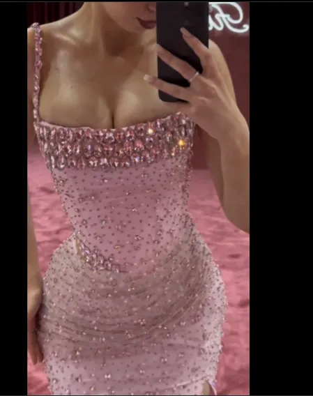 JazzHer Elegant Mermaid Spaghetti Straps Pink Beads Sequin Slit Long Prom Dresses Formal Dress (PRE-ORDER)