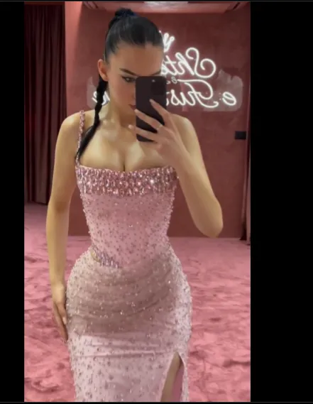 JazzHer Elegant Mermaid Spaghetti Straps Pink Beads Sequin Slit Long Prom Dresses Formal Dress (PRE-ORDER)