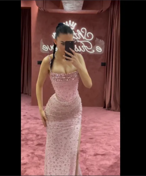 JazzHer Elegant Mermaid Spaghetti Straps Pink Beads Sequin Slit Long Prom Dresses Formal Dress (PRE-ORDER)