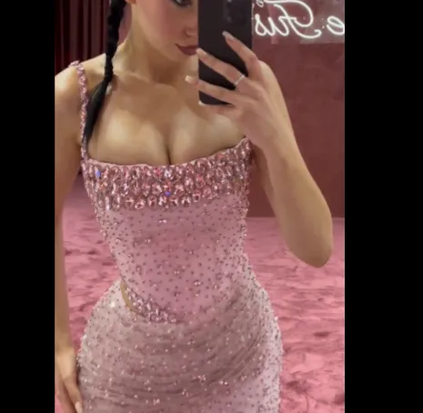 JazzHer Elegant Mermaid Spaghetti Straps Pink Beads Sequin Slit Long Prom Dresses Formal Dress (PRE-ORDER)