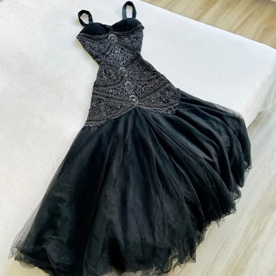 JazzHer Gorgeous Mermaid Spaghetti Straps Black Long Tulle Prom Dresses Evening Dress (PRE-ORDER)
