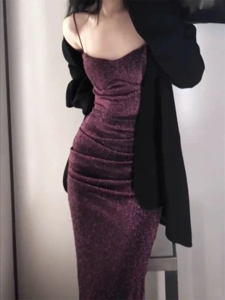 JazzHer Gorgeous Mermaid Spaghetti Straps Grape Sequin Evening Dress Prom Dresses Birthday Outfits (PRE-ORDER)