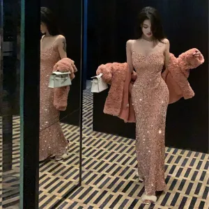 JazzHer Gorgeous Mermaid Straps Pink Sequin Evening Dress Prom Dresses Birthday Outfits (PRE-ORDER)