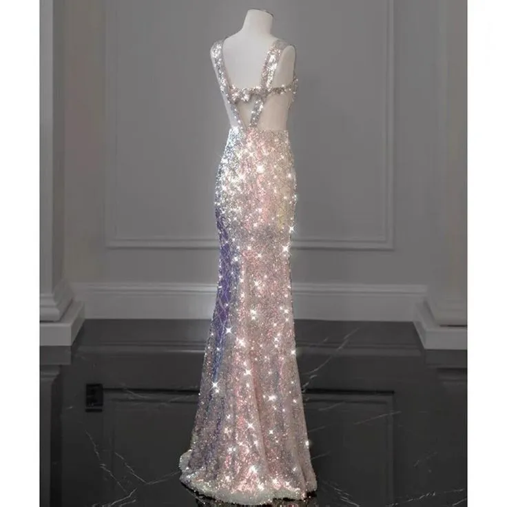 JazzHer  New Elegant Mermaid Straps Sleeveless Bow-knot Sequin Long Prom Dresses (PRE-ORDER)