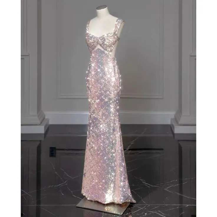 JazzHer  New Elegant Mermaid Straps Sleeveless Bow-knot Sequin Long Prom Dresses (PRE-ORDER)