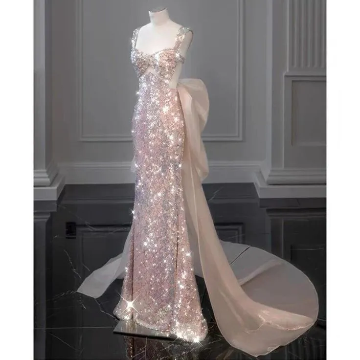 JazzHer  New Elegant Mermaid Straps Sleeveless Bow-knot Sequin Long Prom Dresses (PRE-ORDER)