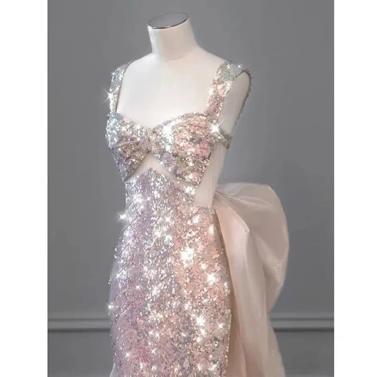 JazzHer  New Elegant Mermaid Straps Sleeveless Bow-knot Sequin Long Prom Dresses (PRE-ORDER)