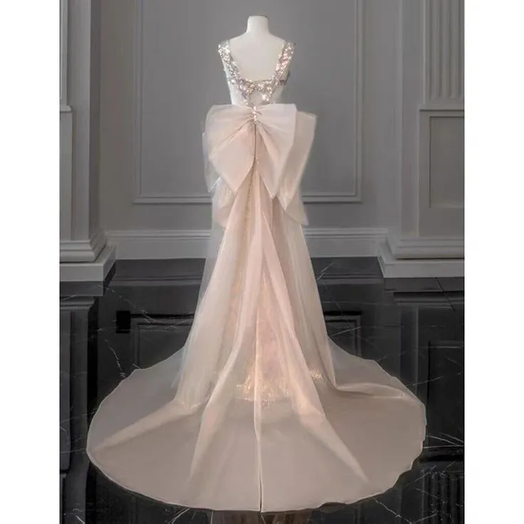 JazzHer  New Elegant Mermaid Straps Sleeveless Bow-knot Sequin Long Prom Dresses (PRE-ORDER)