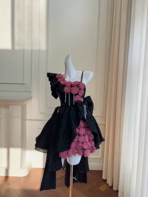 JazzHer Pretty Ball Gown Straps Black Satin Flowers Homecoming Dresses Birthday Outfits With Bow (PRE-ORDER)
