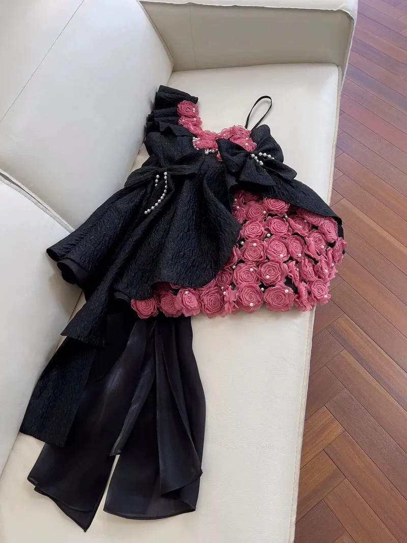 JazzHer Pretty Ball Gown Straps Black Satin Flowers Homecoming Dresses Birthday Outfits With Bow (PRE-ORDER)