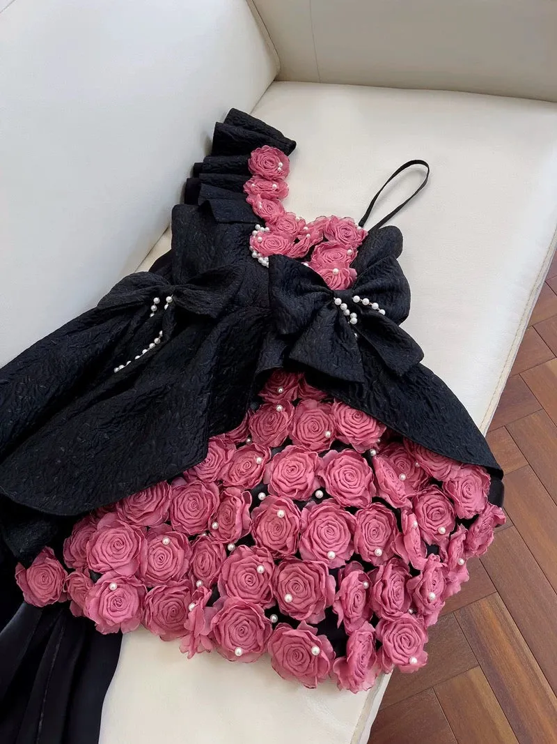 JazzHer Pretty Ball Gown Straps Black Satin Flowers Homecoming Dresses Birthday Outfits With Bow (PRE-ORDER)