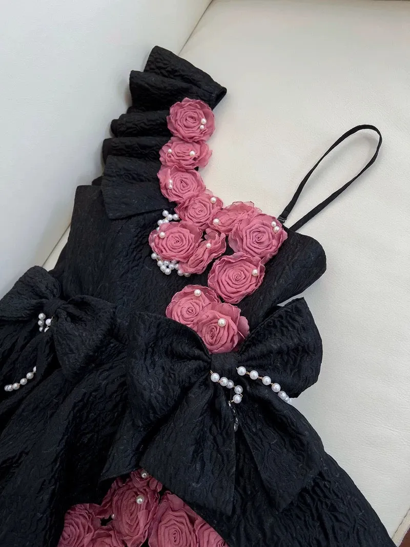 JazzHer Pretty Ball Gown Straps Black Satin Flowers Homecoming Dresses Birthday Outfits With Bow (PRE-ORDER)
