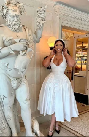 JazzHer Pretty Ball Gown V Neckline White Satin Evening Dress Prom Dresses BD  (PRE-ORDER)